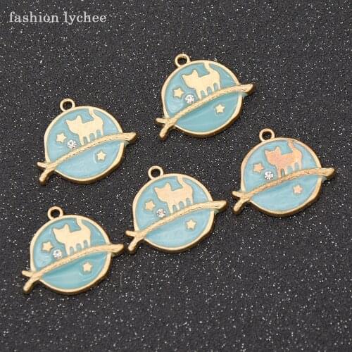 Fashion lychee 5pcs Enamel Moon Star Cat Crystals Round Shape Pendant For DIY Necklace Jewelry Making Accessories