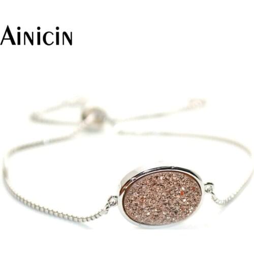 Fashion Womens Birthday Gift Sliding Clasp Bracelets Rose Gold Druzy Quartz Crystal Charm Bangles Adjustable Length
