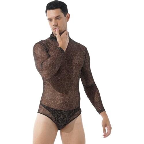 Mens Erotic Hot See-through Mesh Bodysuit Long Sleeve Sexy Clubwear Fashion Leopard Print Turtleneck Transparent Bodysuit Romper