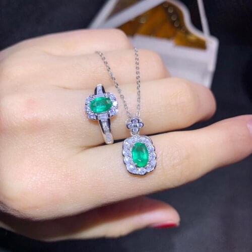 Charming green natural Emerald gemstone ring necklace jewelry set 925 silver natural gem good color birthday party gift new year
