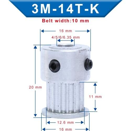 3M-14T Pulley K Shape Inner Bore 4/5/6/6.35 mm Slot Width 11 mm pulley wheel Aluminum Material For Width 10 mm 3M-Timing Belt
