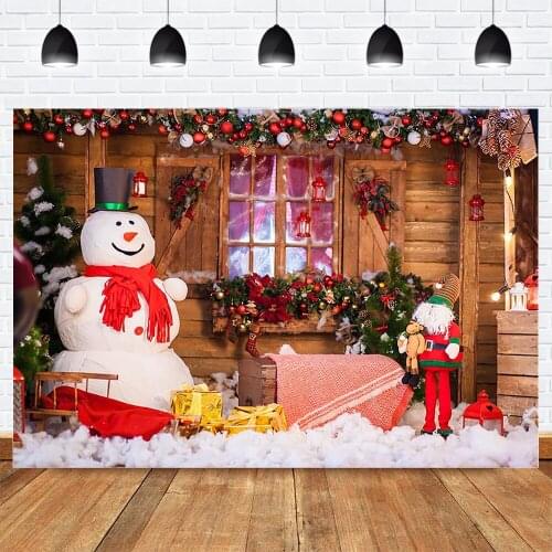 Christmas Photo Background for Photo Studio Winter Christmas Tree Snowman Home Decoration Backdrop Photocall Wooden Cozy Cabin