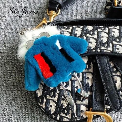 Brand New Monsters' Robot Keychain Cute Real Rex Rabbit Fur High Quality Fluffy Lady Bag Charm Pendants Car Key Ring Accessories