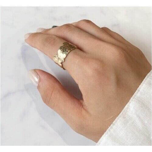 SRCOI Gold Color Textured Pattern Irregular Wide Ring Minimalism Fold Opening Adjustable Metal Retro Ring Female Sister Gifts