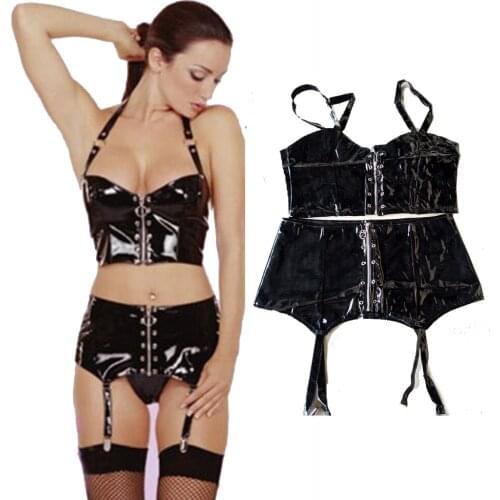 Faux Leather Black Zipper WetLook Leather 2 Pieces Set Sexy Two Pieces Apparel Women Sexy Dance Club Wear Mini dress + Crop Top