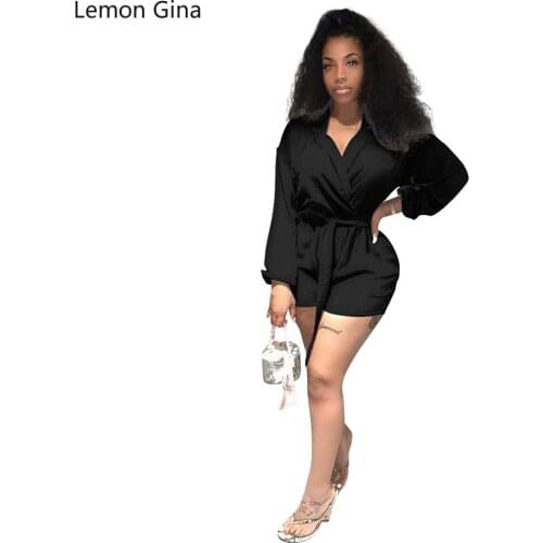 Lemon Gina Summer 2021 Womens Plain Color Loose Jumpsuits with Strappy Suit Collar