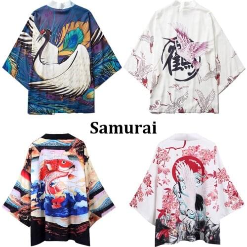 Couple Women Men Harajuku Loose Kimono Haori Japanese Style Thin Crane Print Samurai Casual Summer Coat Jacket Streetwear