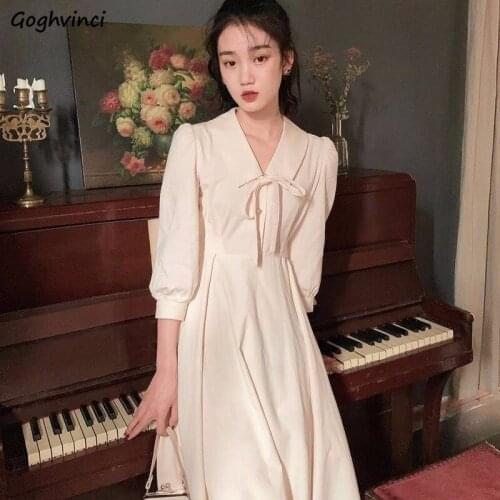 Women Long Sleeve Dress Solid V-neck Sashes High Waist Pleated Drawstring French Style Vintage Elegant Student Simple Leisure