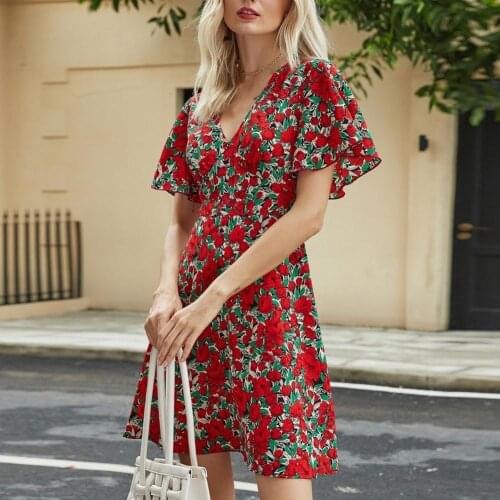 2021 V Neck Mini Dress Summer Women Hobo Red Floral Butterfly Print Casual Elegant Party Ruffles Lady Swing Sexy Dress Vestidos
