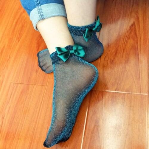 2017 Fashion Women Bowknot Net Socks Shiny Glowing Silk Socks White Long Female Thin Socks Fishnet Funny Glitter Harajuku Socks