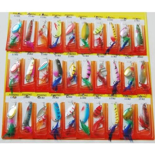 30PCS Mixed lots Fishing Fish Fly Feather Treble Hook Spoons Spoon Lure baits 5g-8g