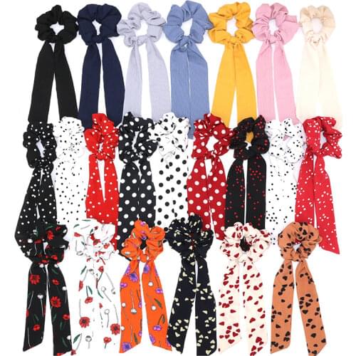 Bohemian Polka Dot Floral Printed Ribbon Bow Hair Scrunchies Women Elastic Hair Band Scarf Hair Rope Ties Girls Hair Accessories