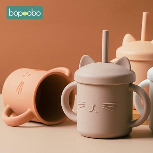 Bopoobo Baby Tableware 1PC Silicone Cartoon Cat Wth Habit Drinking Water Cup Children Straw Cups Non-slip With Handle Drinker