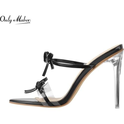 Onlymaker Slip-on Sandals For Women Patent Leather Pointed Toe Butterfly-knot Metal Thin High Heels Open Toe Big Size