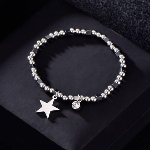 2021 Star Charm Stainless Steel Bracelet For Women Shine CZ Crystal Black Square Beads Bracelet Pulseras Mujer Moda