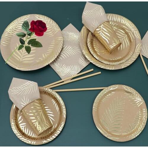 Paper Tableware Disposable Kraft Set Golden Colored Palm Leaf Pattern Plate Cup Paper Towel Straw Party Wedding Birthday Cutle