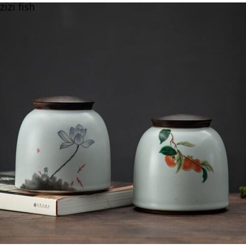 Tea Caddy Ceramic Airtight Jar Wooden Cover Storage Tank Candy Jar Home Food Container Storage Box Moisture-proof Tea Organizer