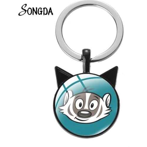 Kawaii Raccoon Cat Ear Keychain Wild Animal Cartoon Art Print Glass Time Gem Key Chain Metal Holder Ring Gift For Men Jewelry