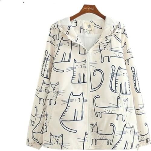 XUANHAO Japan Harajuku Jacket Mori Girl Outwear New Women Sweet Cute Cat Printed Hooded Long Sleeve Casual Thin Coat Female