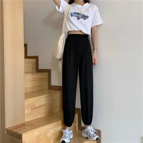 Summer Women Ice Silk Fashion Sport Pants Plus Size Loose Comfortable Trousers Female Solid Color Elastic High Waist Harem Pant