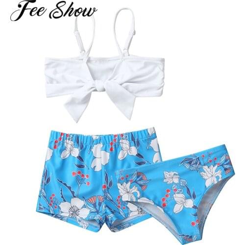 2021 Kid Girls Summer Swimwear Swimsuit Adjustable Straps Top and Floral Print Boyshorts Briefs Set Bikini Swimming Bathing Suit