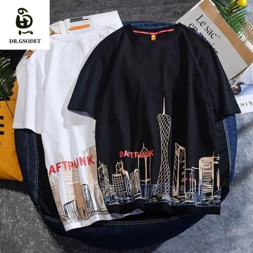 GSODET Summer T-Shirt Cotton City Style Large Size Short-Sleeved Ins Bottoming Shirt Korean Loose O-Neck Couple Clothes Tops