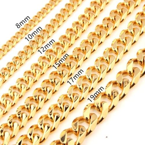 6/8/10/12/15/17/19mm Punk Mens Gold Tone Stainless Steel Curb Cuban Link Chain Mens Necklace Jewelry 7-40 inch