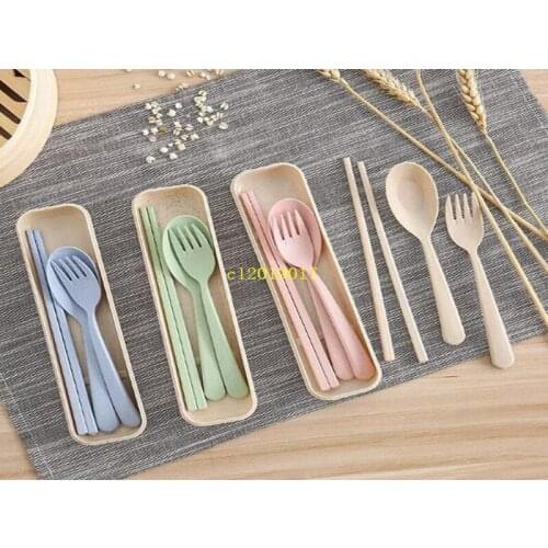 Exquisite Health Environmental Wheat Platycodon Straw Cutlery Set Portable Camping Tablewarel Spoon Fork Chopsticks Custom Logo