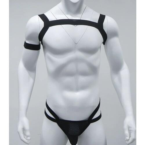 Lingerie Mens Thongs Harness Set Body Chest Straps Bondage G-string Sexy High Elastic Jockstrap With Arm Band Night Club Costume