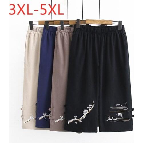 New 2021 Ladies Summer Plus Size Cropped Pants For Women Large Loose Casual Cotton Embroidery Blue Wide Leg Trousers 3XL 4XL 5XL