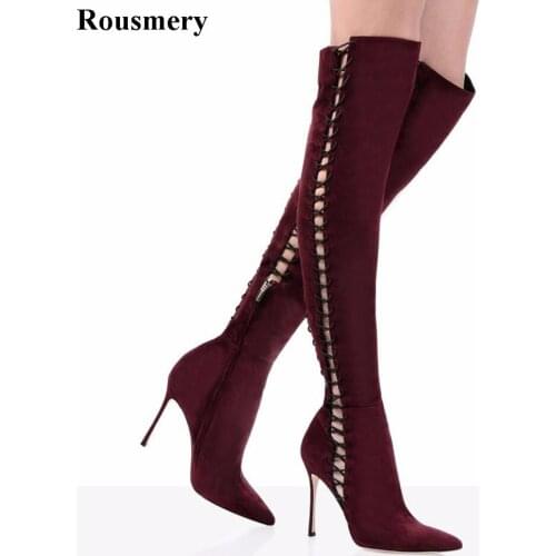 New Fashion Women Spring Pointed Toe Cut-out Knee High Gladiator Boots Slim Style Gladiator Boots Formal Dress Shoes