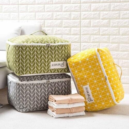 Clothes Blanket Storage Bag for Travel Foldable Cotton Linen Dustproof Geometric Quilts Organizer Zip Lock Toys Bag Home Storage