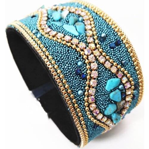 Luxurious Natural Stone Rhinestone Trendy Wide Leather Women Bracelets Women Vintage Bangle Male Homme Jewelry Accessories