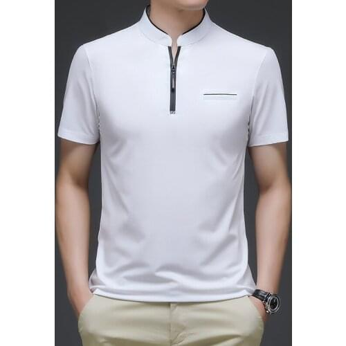 Summer mens new stand collar polo shirt solid color casual loose fashion trend Top Mens T-shirt