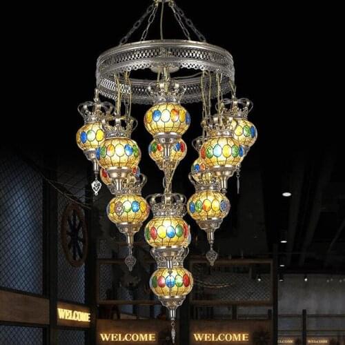 Vintage Turkish Chandeliers E27 Colorful Handmade Glass Lampshade Industrial Suspension 1/7 Heads Chandelier for the Living Room