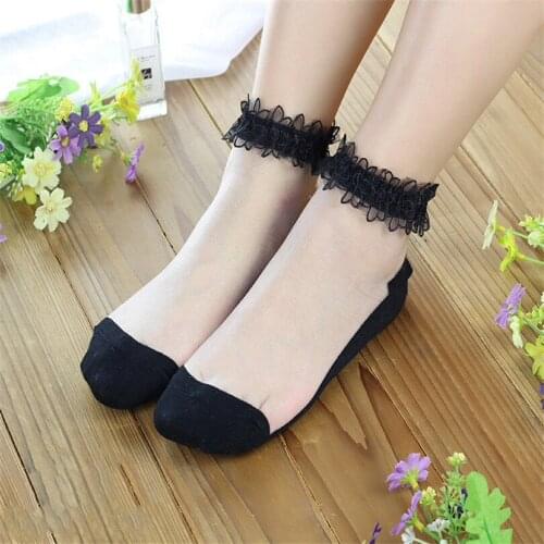 YGYEEG Women Lace Socks Summer Fashion Shiny Crystal Glass Silk Thin Ankles Short Sock Transparent Elastic Sox New Girls Hosiery