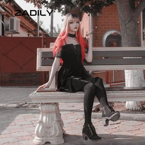 ZADILY Gothic Off The Shoulder Women Black Mini Dress 2021 Summer Y2K Lace Short Sleeve Strapless Moon Pendant Sexy Dresses