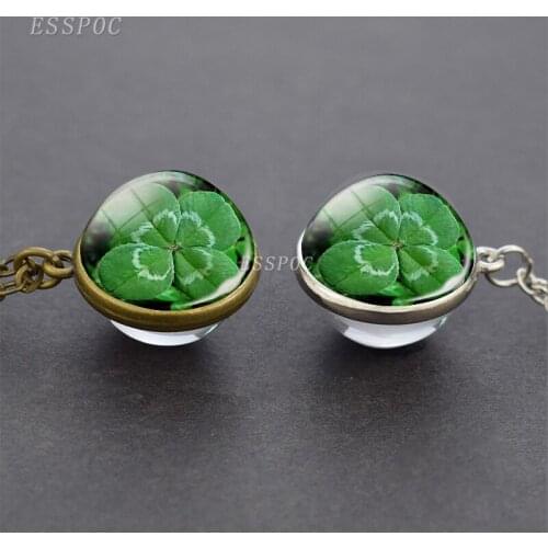 Women Fashion Crystal Double Sided Glass Ball Leaf Clover Necklace Pendant Women Lucky Wish Jewelry
