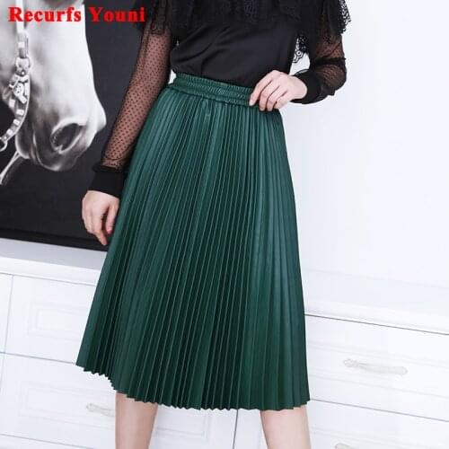 RYS0306 New fashion ropa women top quality genuine leather pleated skirt female elastic waist over knee green/yellow long saias