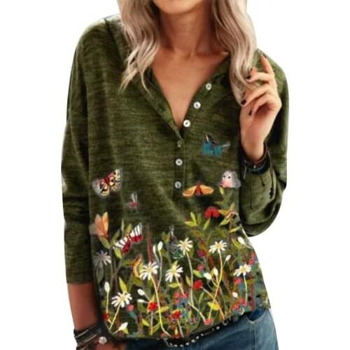 Women Hoodie Butterfly Floral Print V Neck Long Sleeve Buttons Casual Loose Sweatshirt Hoodie For Summer Spring Fashion Clothing