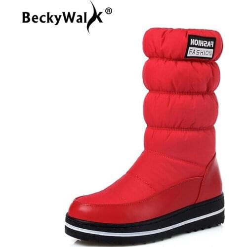 BeckyWalk Mid-Calf Snow Boots Women Boots Waterproof Winter Botas Mujer Platform Warm Cotton Shoes Woman Plus Size 35-44 WSH3024