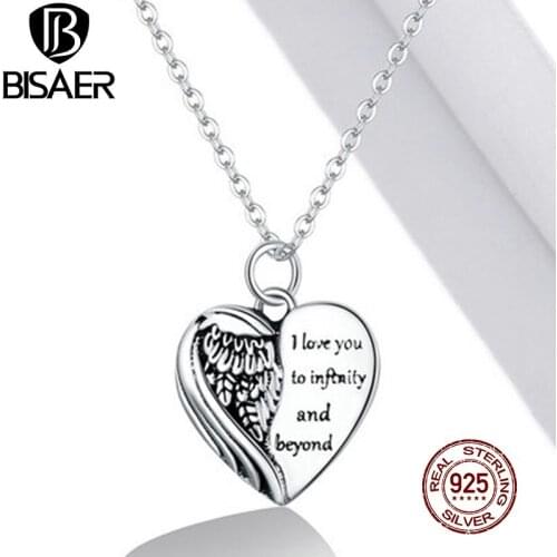 BISAER Heart Wings Necklace 925 Sterling Silver 45cm Adjustable Infinity Beyond Long Chain Link For Female Jewelry Gift ECN406