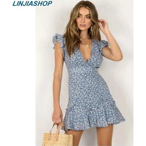 Elegant womens mini dress blue with sahes adjustable ruffles print v neck hollow out backless summer dress woman