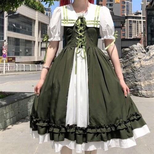 Japanese Green Color Contrast Women Dress Spring Sweet Kawaii Princess Lolita Style Lace Up Puff Sleeve Vintage Dresses Vestidos
