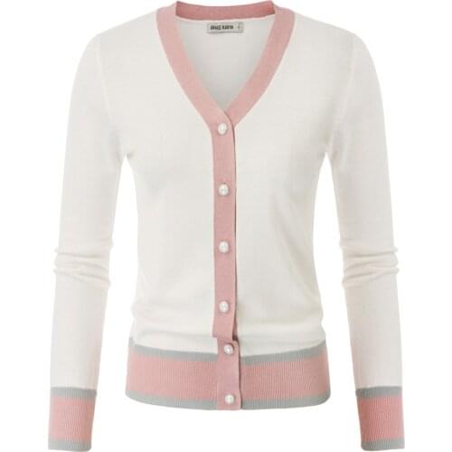 Grace Karin Women Knitted Coat Contrast Color Cardigan Sweater Knitwear Long Sleeve V-Neck Comfy Stretchy Slim Sweet Retro Tops
