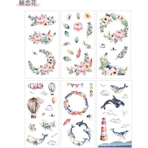 6Sheets/Pack Cute Whale And Flower Paper Decoration Scrapbooking Sticker Transparent PVC Stationery Diary Stickers