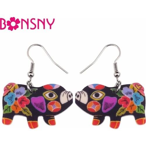 Bonsny Fashion Big Long Acrylic Cartoon Drop Dangle Anime Piggy Pig Earrings Farm Style Fashion Jewelry For Girls Women Kid Gift