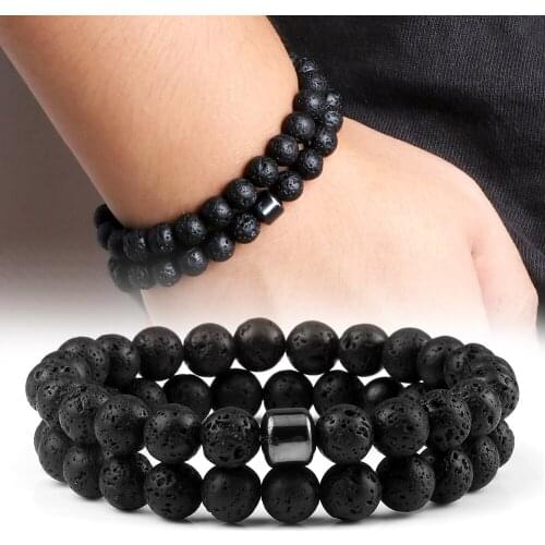 2pcs/set Natural Stone Beaded Bracelet Tiger Eye Stone Black Lava Beads Elasti Bangles Handmade Lover Yoga Balance Jewelry Gifts