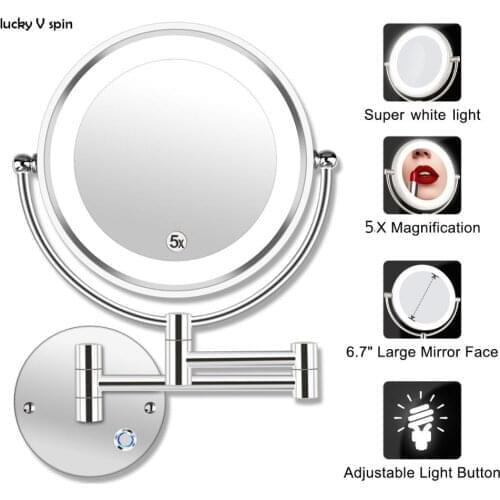 8.5" LED Double Sided Swivel Wall Mount Vanity mirror-3x 5x 10x Magnification,13.7" Extension,Touch Button Adjustable Light