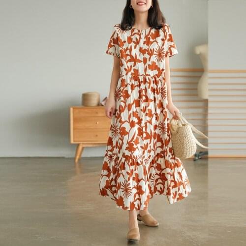 FairyNatural Ladies Vintage Print Floral Dresses O-Neck Cotton Soft Women 2021 New Casual Sleeveless Summer Dress A-Line